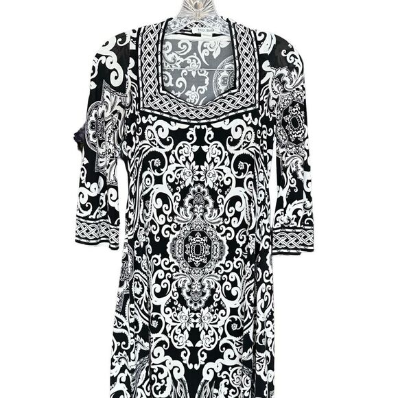 WHBM Black & White 3/4 Sleeve Square Neck Lightweight Pattern Midi-Knee Size XS - Picture 3 of 12
